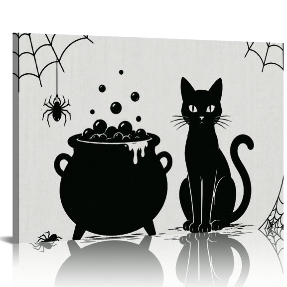 BCIIG Black Cat Cauldron Spider Web Decor Wall Art , Wall Decor For Bedroom Fashion Kitchen Wall Pictures , Canvas Wall Art Suitable for living room, bedroom, kitchen, corridor, classroom, studio