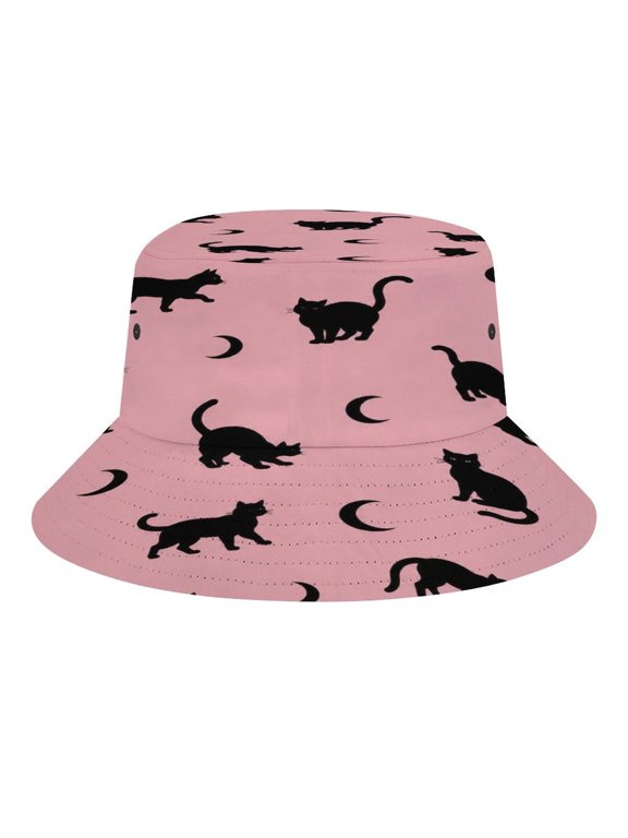 Black Cat Crescent Pink Pattern Bucket Hat, Soft, Printed, Packable Fisherman Sun Hat for Beach Travel Hiking Vacation, Sun Hat for Women Men,