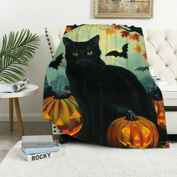BCIIG Black Cat Flannel Fleece Throw Blankets, Halloween Pumpkin Super Warm Soft Living Room Blanket All Season 40x50in