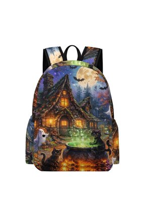 Black Cat Witch Cottage Printed Oxford Backpack, Large Capacity Laptop Backpack, Water Resistant, Travel Daypack for College Work Commuting Adults,