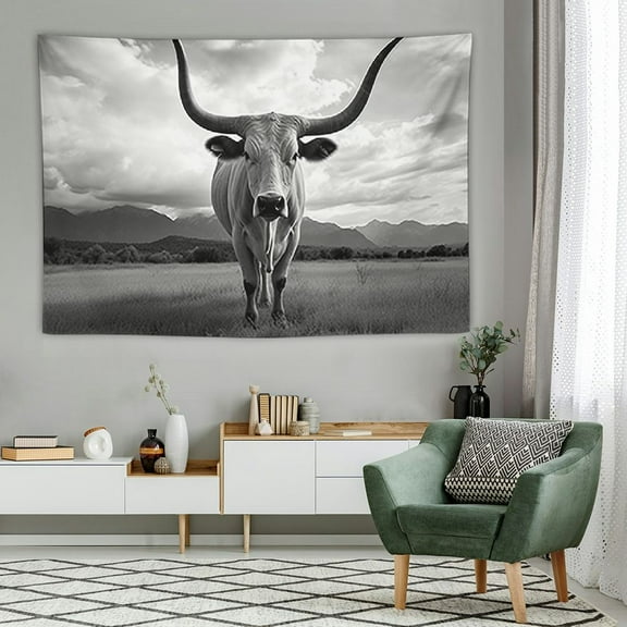 BCIIG  Black and White Animal Canvas Wall Art Highland Cattle with Long Horns Picture Texas Longhorn in Sunset Farm Painting for Home Decor Modern Living Room Decorations 60x40 Inch