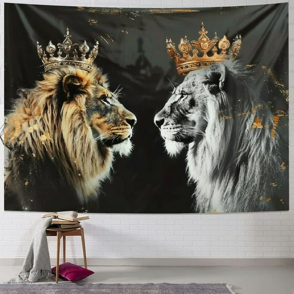 BCIIG Black and White Lion Tapestry Art African King and Queen with Crown Tapestries Wall Hanging Wild Animal Home Decor Extra Large Tapestry for Bedroom Living Room Dorm Room