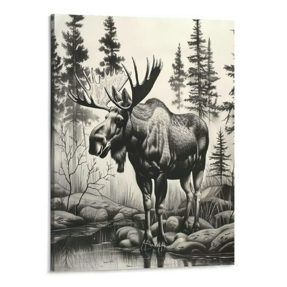 BCIIG Black And White Nature Moose Canvas Wall Art Animal Prints Portraits Modern Deer Moose Wall Art Painting Animal Posters Gothic Canvas Artwork Wild Animal Pictures Wall Decor Unframed 16''x20''
