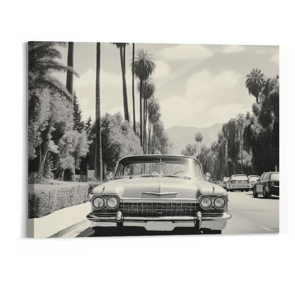 Vintage Black and White Framed Car Canvas Art