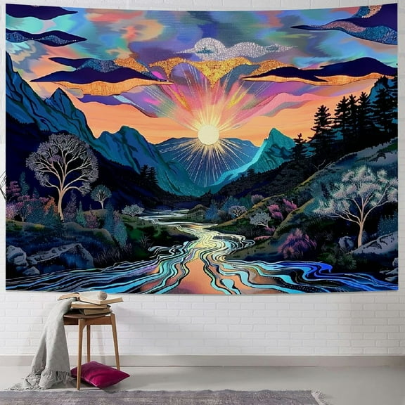BCIIG  Blacklight Forest Mountain Tapestry Sun Tapestry UV Reactive Retro Landscape Wall Tapestry Black Light Watercolor Flower Trees Wall Art Tapestry Wall Hanging for Home Decor  Painting