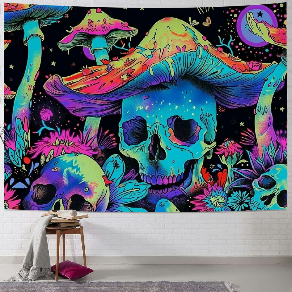 BCIIG Blacklight Skull Mushroom Tapestry Skull Plant in Mushroom ...