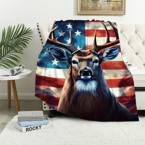 BCIIG Blanket American flag deer Throw Blankets for Couch & Bed Plush Cozy Fuzzy Blanket Super Soft Warm Throw Blanket for Travel Camping 40x50in