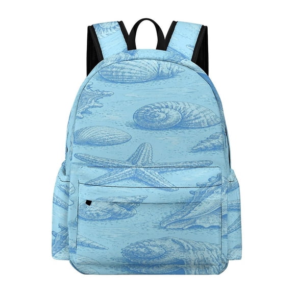 BCIIG Blue Engraving Seashells Starfish Beach Nautical Seamless Pattern Printed Oxford Backpack, Large Capacity Laptop Backpack, Water Resistant, Travel Daypack for College Work Commuting Adults, 42