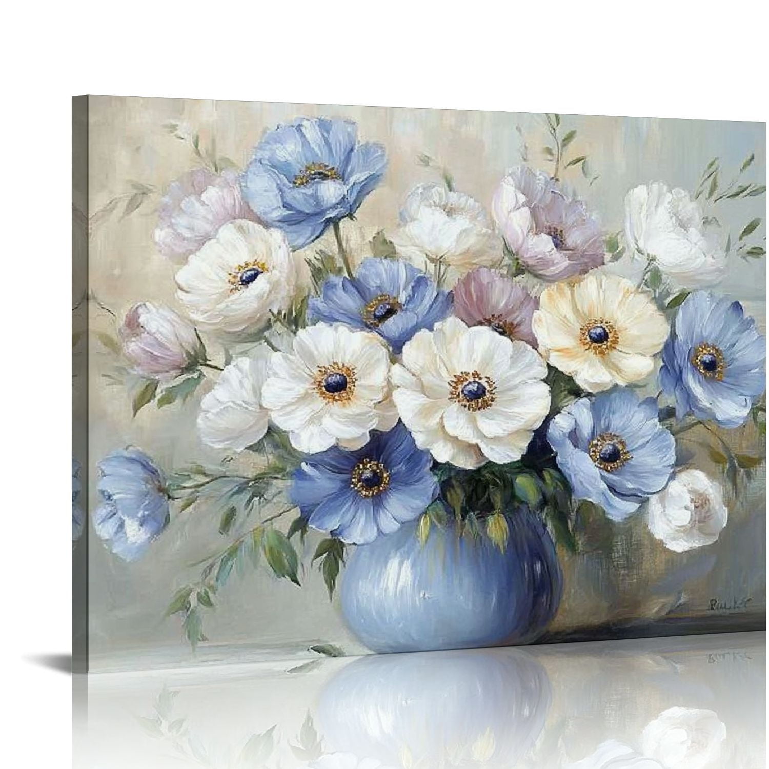 BCIIG Blue Flower Picture Wall Decor White Floral Wall Art for Living ...