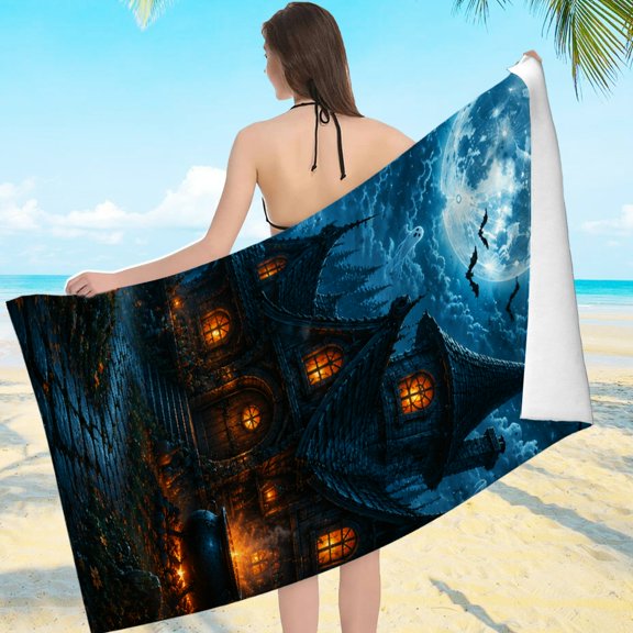 BCIIG Blue Full Moon Witch Cottage Ghost Pumpkin , Machine Washable Ultra-Soft Microfiber Gift for Father'sday Birthday Anniversary Beach Towel