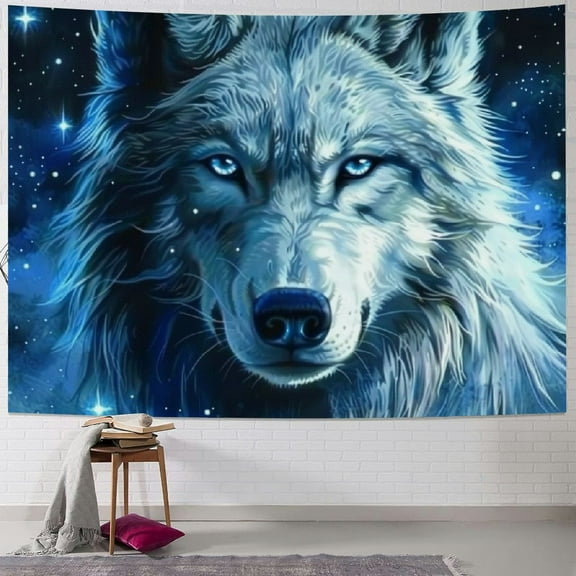 BCIIG Blue Galaxy Wolf Tapestry Wall Hanging Art Deco Tapestries for Bedroom Living Room Dorm