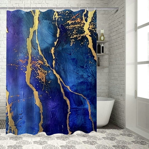 BCIIG Blue Gold Black Bathroom Shower Curtain Set with Hooks 36"x72
