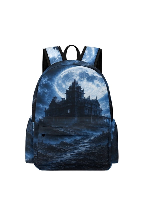 Blue Moon Haunted Hill Mansion Printed Oxford Backpack,  Large Capacity Laptop Backpack, Water Resistant, Travel Daypack for College Work Commuting Adults,