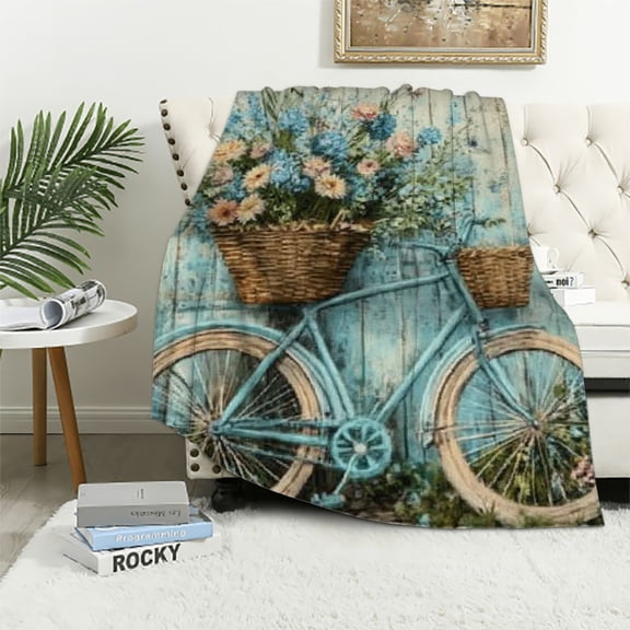 BCIIG Blue Retro Bike Blanket Gifts for Women Girls Soft Warm Lightweight Cozy Plush Art Farmhouse Flower Basket Throw Blankets for Bedroom Living Room Sofa Home Decor   40x50in