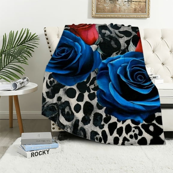 BCIIG Blue Rose Flannel Blanket Black White Leopard  Throw Blanket Lightweight Soft Cozy Luxury Romantic Flowers Fuzzy Blanket Cheetah Bed Blanket for Sofa Bedroom Travel All Season 50x60in