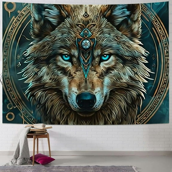 BCIIG Blue Viking Wolf Norse Runes Ancient Tapestry Wall Hanging Aesthetic Decor Tapestries For Home Bedroom Living Room Dorm 40x30inch