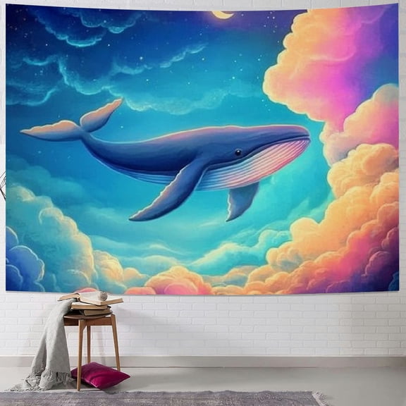 BCIIG Blue Whale Tapestry Wall Hanging Galaxy Sky Moon Tapestry for Kids Boys Girls Cartoon Whale Wall Tapestry Cloud Sky Wall Art for Bedroom Living Room,Large 40x30inch