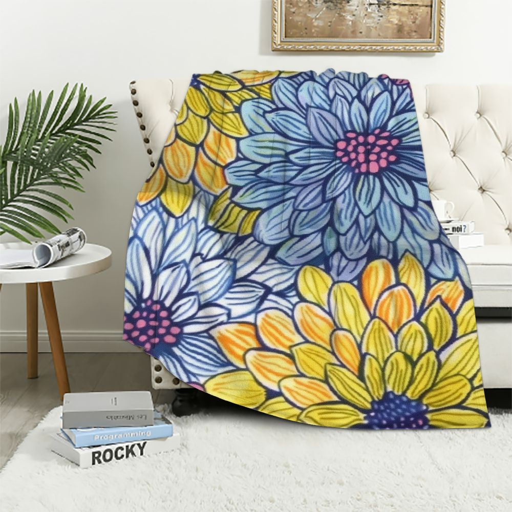 BCIIG Blue Yellow Navy Chrysanthemum Flowers Fleece Throw Blanket Ultra