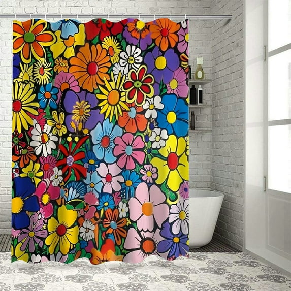 BCIIG Bohemia Colorful Flowers Bathroom Shower Curtain Funky Retro Hippie Aesthetic Shower Curtain Washable Polyester Durable Fabric Home Shower Curtain with Hooks,