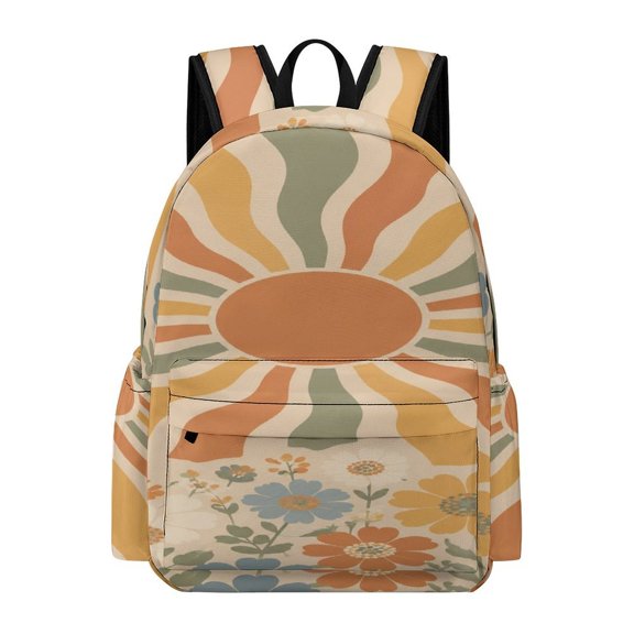 BCIIG Boho Retro Wavy Sun Rays And Wildflowers On Cream Beige Background Printed Oxford Backpack, Large Capacity Laptop Backpack, Water Resistant, Travel Daypack for College Work Commuting Adults, 4