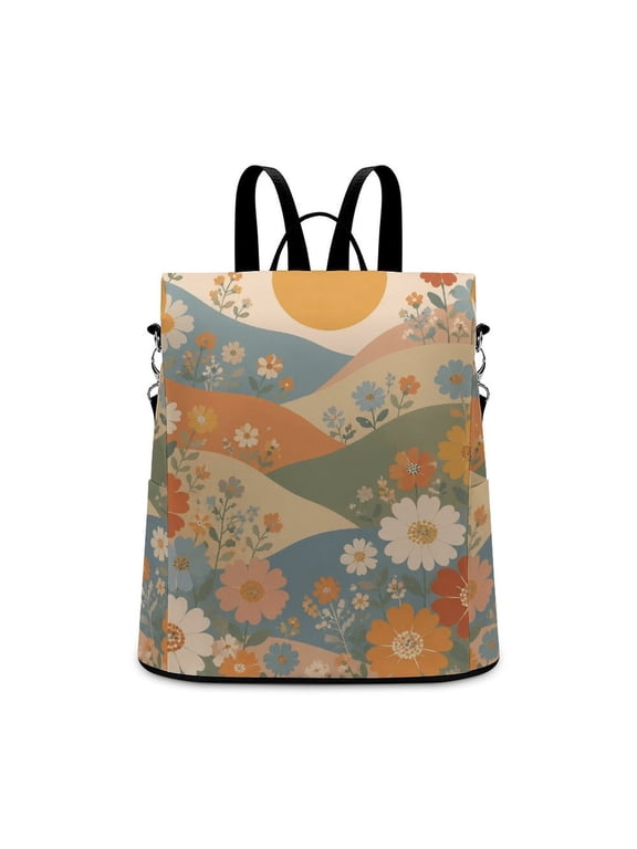 Boho Rolling Hills Wildflower Meadow With Sun On Cream Background Anti Theft Backpack, Purse for Women, Secure Back Zipper, Multi-Purpose Rucksack Backpack With Adjustable Strap, Womens Travel