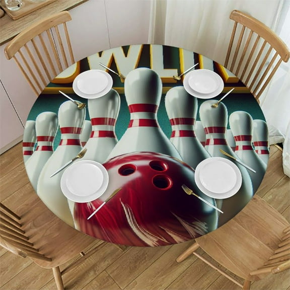 BCIIG Bowling Strike Round Table Cover Stain Resistant Washable Indoor Outdoor Tablecloth Kitchen Dining Wedding Parties Elastic Edge 100% Polyester Fiber 42-46