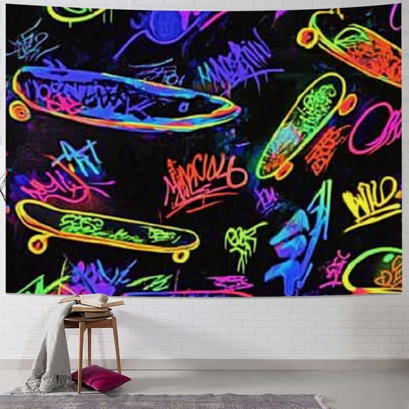 BCIIG  Boys Sports Tapestry Skateboard Wall Tapestry Neon Glowing Skateboards Tapestries  Extreme Sport Theme Wall Art Decor Black Street Graffiti Style Living Room Decor for Kids Teens 50x40inch