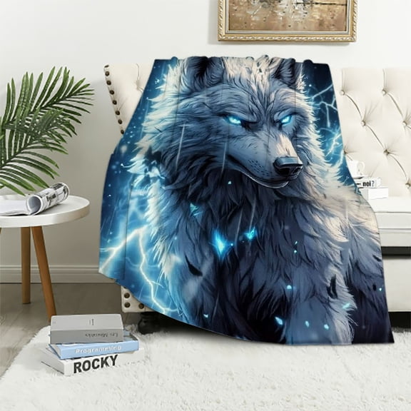 BCIIG Boys Wolf Throw Blanket, Printed Safari Wolf Kids Blanket,Wildlife Blue Lightning Wolf Blanket for Bed Sofa Couch 60x80in