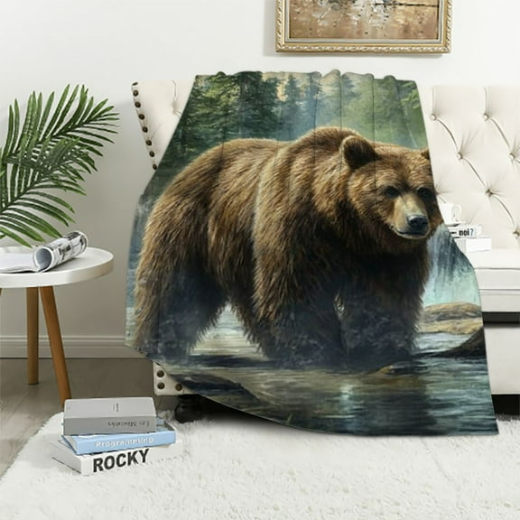 BCIIG Brown Bear in Misty Forest Flannel Blanket,Realistic Wildlife Soft Lightweight Throw Blankets Gifts for Women Nature Lovers  Perfect for Couch Bed Home Travel Decor 40x50in