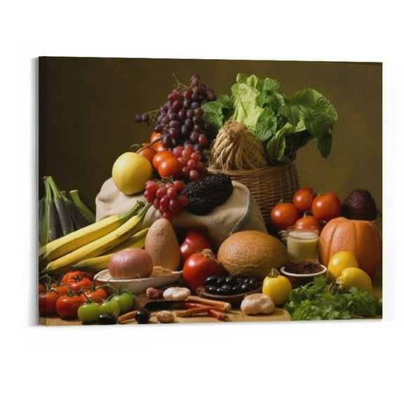 BCIIG Brown Fresh Food, Grape, Apple, Fruit Basket, Bread, Onion, Tomato, Bell Pepper, Cauliflower, Wheat, Gathered on Table, Wall Art, Painting, Canvas, Print, Home Dcor, 2016in
