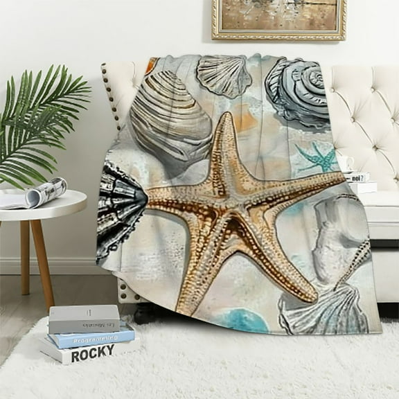 BCIIG Bseashell and Starfish Blanket Coastal Beach Throw Blankets with Shells and Ocean Elements,Birthday Gifts for Kids Adult,Lightweight Soft for Sofa Couch Bed Room Nautical Decor 60x80in