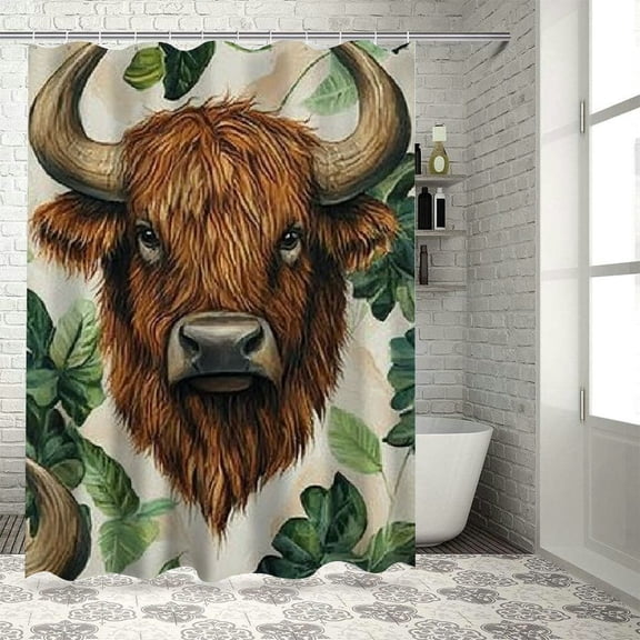 BCIIG Buffalo Heads Green Leaves Detailed Paintings Bathroom Decoration Set with Hooks 100% Polyester Chic Modern Decor Shower Curtain 36"x72