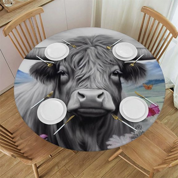 BCIIG Bull Flowers Mountain Round Table Cover Stain Resistant Washable Indoor Outdoor Tablecloth Kitchen Dining Wedding Parties Elastic Edge 100% Polyester Fiber 31-35