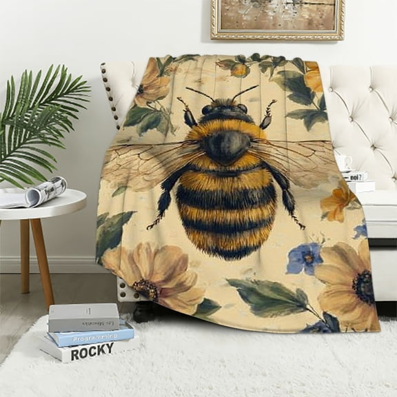 BCIIG Bumblebee and Floral Blanket Bee and Wildflower Yellow Throw Blankets Gifts for Girls Boys Adults Lightweight Soft Cozy for Sofa Couch Bed Room Travel Birthday Decor 50x60in
