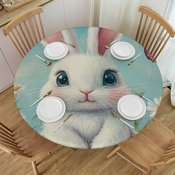 BCIIG Bunny Daisies Butterflies Waterproof Resistant Fabric Outdoor Fitted Round Tablecloth Ideal for Indoor and Outdoor Home Restaurants Weddings Parties 54"-58