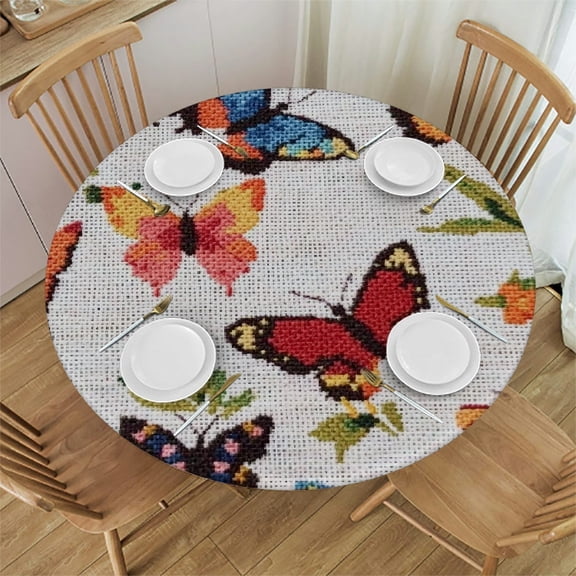 BCIIG Butterflies Cross Stitch Round Tablecloth Stain-Resistant Washable Ideal for Indoor and Outdoor Use Waterproof Fabric Home Decor 54"-58