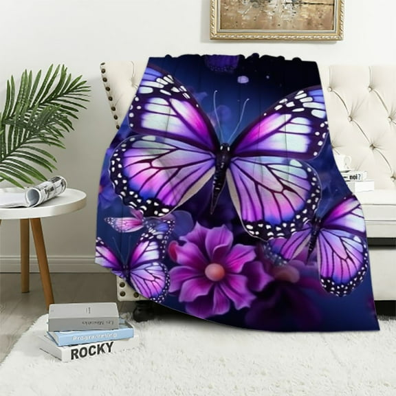 BCIIG Butterflies Flowers Purple Warm Lightweight Soft Fleece Blanket Throw Living Rooms Sofa Decor All Seasons Bed Blanket 40x50in