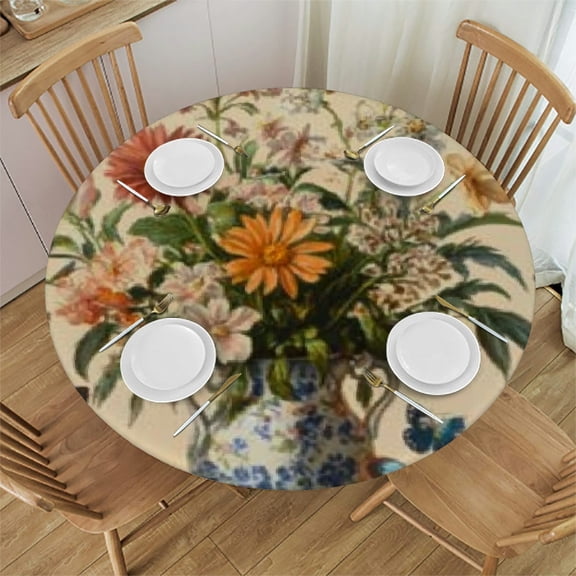 BCIIG Butterflies Flowers Vase Round Tablecloth, Stain-Resistant & Waterproof Polyester Fabric for Home, Weddings, Parties, Machine Washable, Multiple Sizes 54"-58