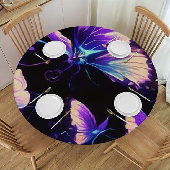 BCIIG Butterflies Neon Light Hologram Round Table Cover Stain Resistant Washable for Indoor Outdoor Dining Wedding Parties - 100% Polyester Fabric Perfect for Home Kitchen Decor and Farmhouse,