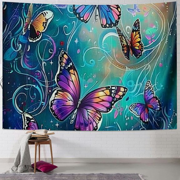 BCIIG Butterflies Swirls Blue Background Graphic Tapestry Wall Hanging Unique Style Art for Living Room Bedroom Dorm Farmhouse 50x40inch