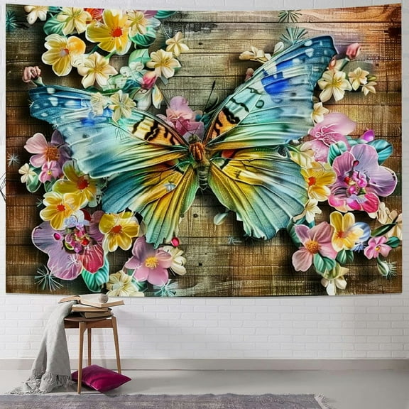 BCIIG Butterfly Flowers Wooden Background Tapestry Wall Hanging Unique Style Graphic Tapestries Home Wall Decor Art for Living Room Bedroom Apartment Farmhouse Dorm 40x30inch
