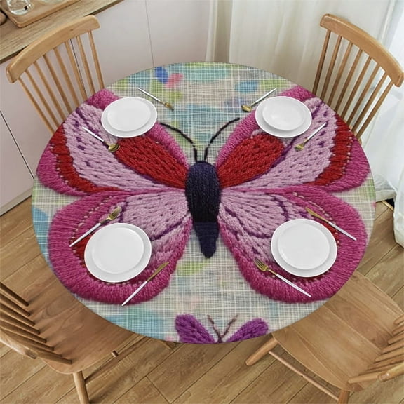 BCIIG Butterfly Pattern Embroidery Waterproof Resistant Fabric Round Tablecloth for Home Indoor and Outdoor Use 31"-35