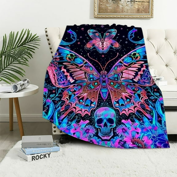 BCIIG Butterfly Skull Psychedelic Warm Lightweight Blanket Soft Fleece Blankets All Seasons Living Room Sofa Decor Cow Gifts 40x50in