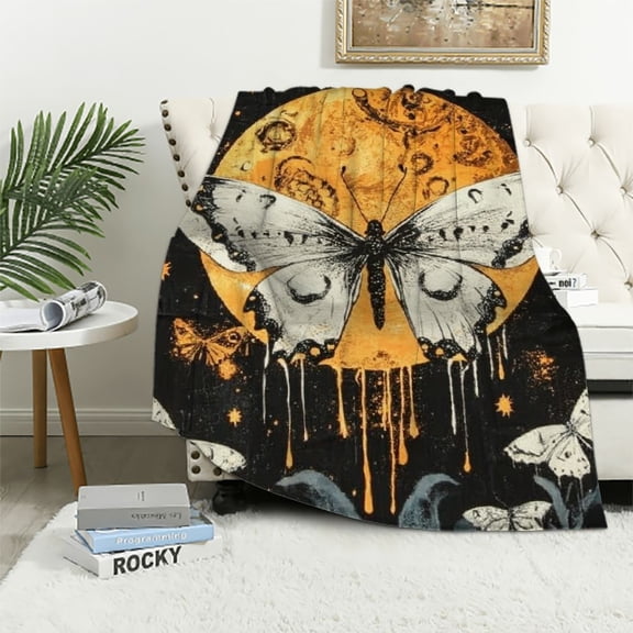 BCIIG Butterfly Throw Blanket, Boho Moon Phase Mushroom Moth Art Cozy Decor Nap Blankets Gift Sofa Bed Couch Chair or Dorm Throws Black and Orange 40x50in