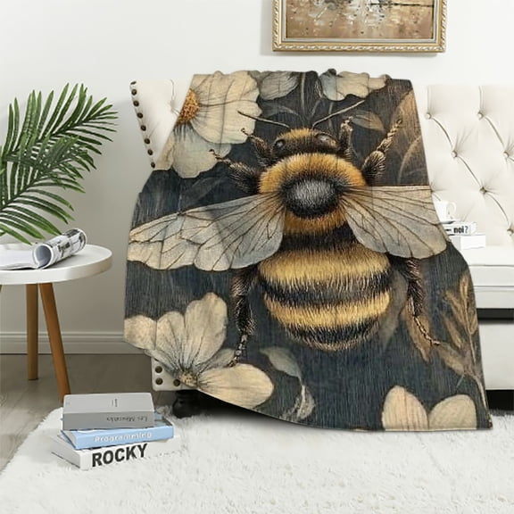 BCIIG Buzzing Bee Floral Throw Blanket, Vintage Flower Bumblebee Blankets for Bedroom Living Room Couch Decor, Fuzzy Cozy Soft Lightweight Throws, for Nature Lover Women Girl 60x80in