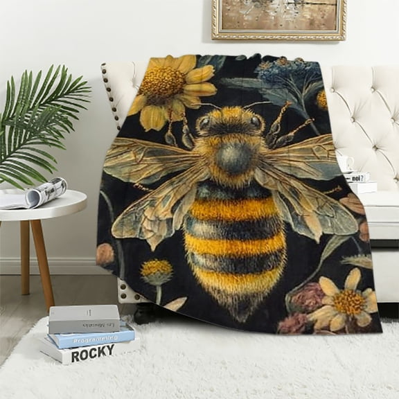 BCIIG Buzzing Bee Floral Throw Blanket, Vintage Flower Bumblebee Blankets for Bedroom Living Room Couch Decor, Fuzzy Cozy Soft Lightweight Throws, for Nature Lover Women Girl 60x80in