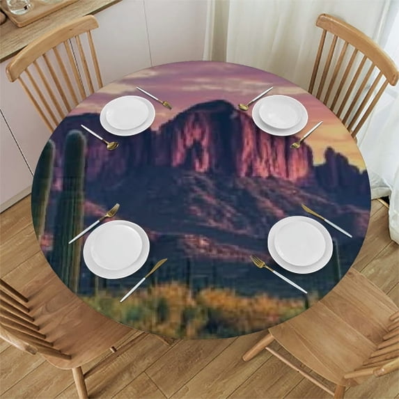 BCIIG Cactus Mountain Sunset Round Tablecloth Stain-Resistant Washable 100% Polyester Table Cover Waterproof for Indoor Outdoor Restaurants Weddings Parties Home 38"-42