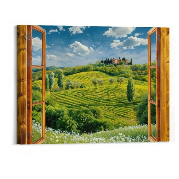 BCIIG  Canvas Print Wall Art  Fake Window hills vineyards cypress Tuscan Landscape between Siena Florence Italy Pictures Painting  Wall Decor for Bedroom Living Room Hanging Large  20"x16" 20x16in
