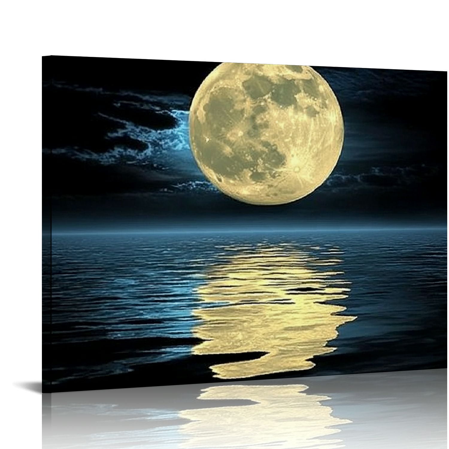 Large Canvas Wall Art - Blue Pink Flower & Moon Sea Ocean Landscape, 59" X 29", Ready To Hang, Glossy Finish, For Living Room Decor