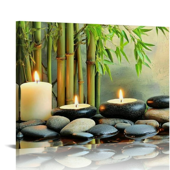BCIIG Canvas Wall Art Paintings Decor Black Stone White Candle Green Bamboo Picture  for Spa Yoga Room Bathroom, Modern Office Décor Home Walls Decoration 20x16in